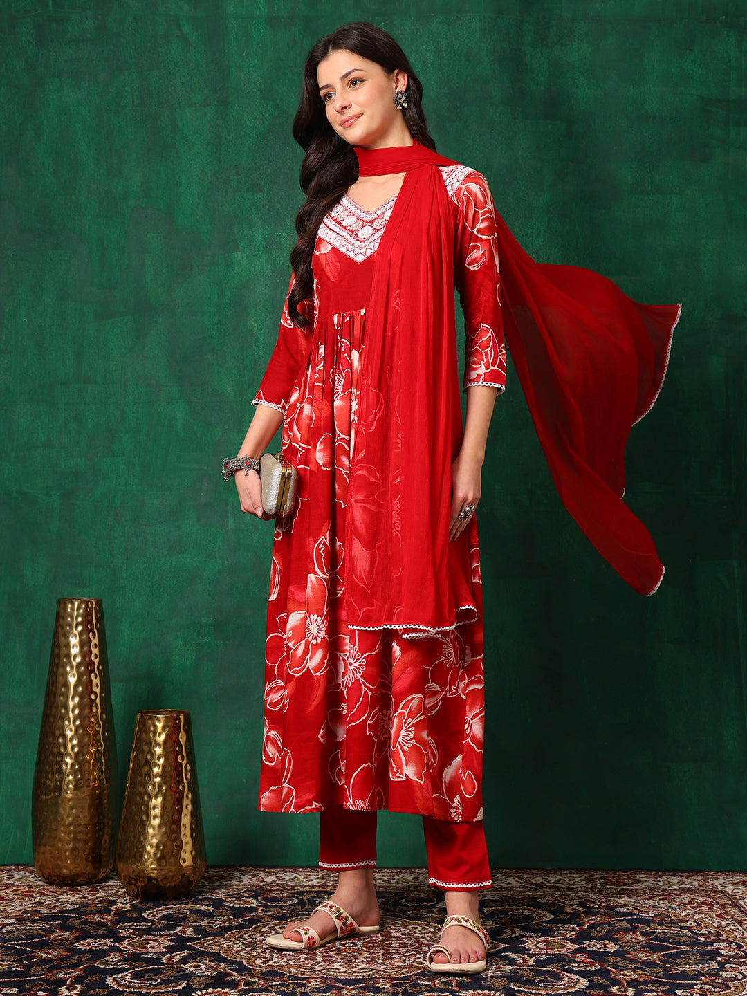Embroidered & Floral Printed Flared A-Line Kurta With Pant & Dupatta, Red - Hiral Fashion - Distacart
