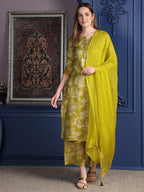 Embroidered & Printed Kurta With Palazzo & Dupatta, Green - Hiral Fashion - Distacart