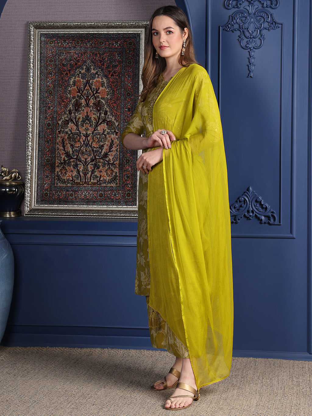 Embroidered & Printed Kurta With Palazzo & Dupatta, Green - Hiral Fashion - Distacart