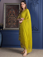 Embroidered & Printed Kurta With Palazzo & Dupatta, Green - Hiral Fashion - Distacart