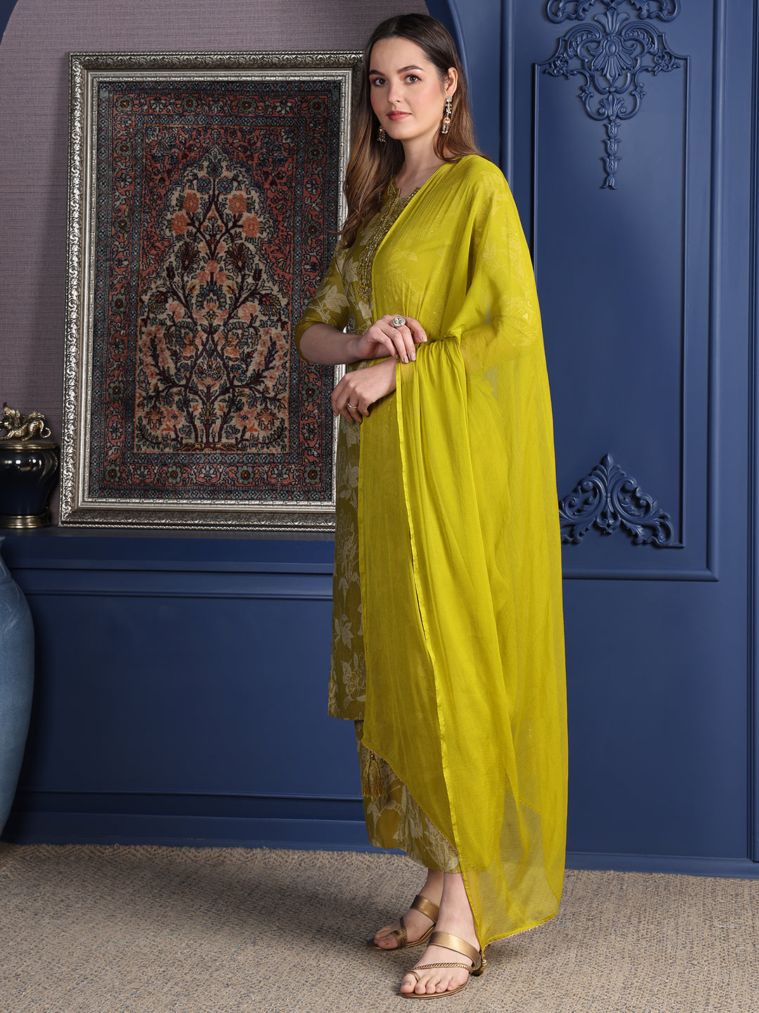 Embroidered & Printed Kurta With Palazzo & Dupatta, Green - Hiral Fashion - Distacart