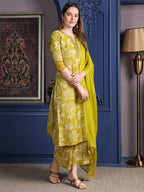 Embroidered & Printed Kurta With Palazzo & Dupatta, Green - Hiral Fashion - Distacart