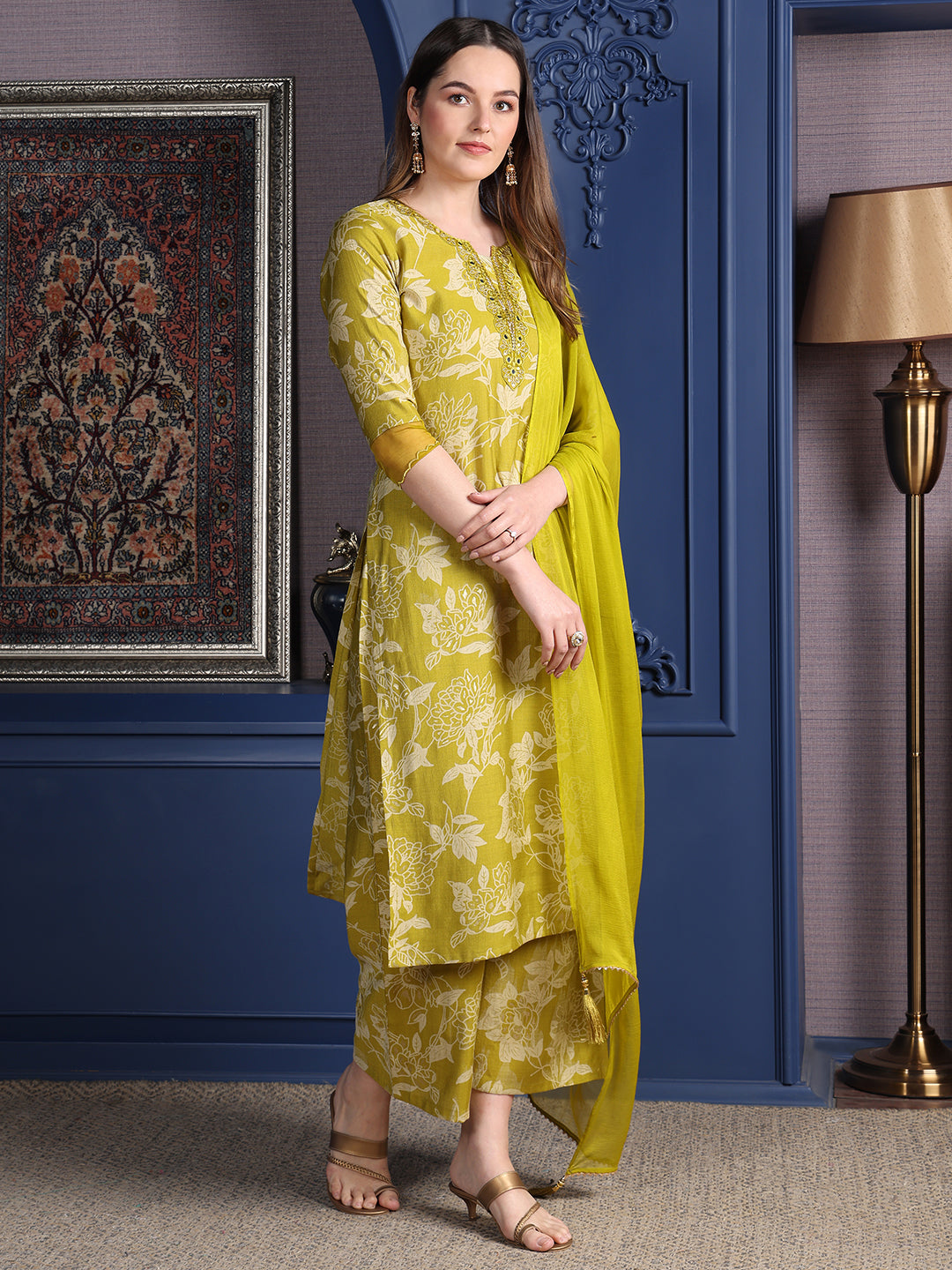 Embroidered & Printed Kurta With Palazzo & Dupatta, Green - Hiral Fashion - Distacart