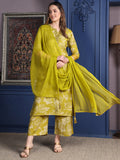 Embroidered & Printed Kurta With Palazzo & Dupatta, Green - Hiral Fashion - Distacart