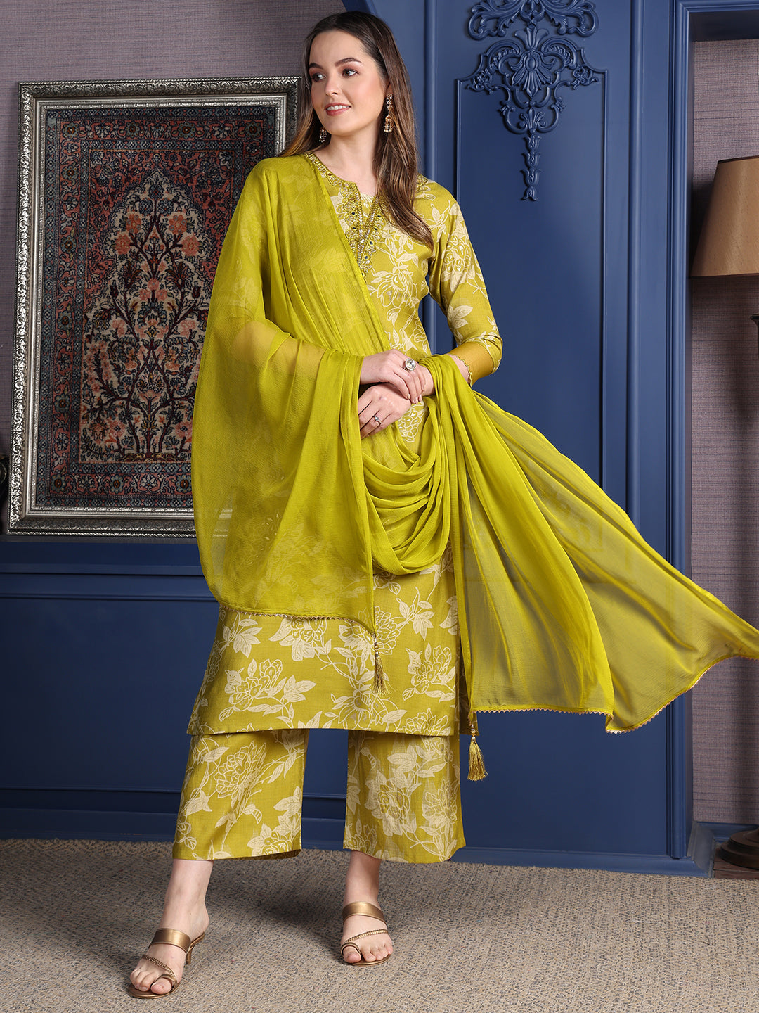 Embroidered & Printed Kurta With Palazzo & Dupatta, Green - Hiral Fashion - Distacart