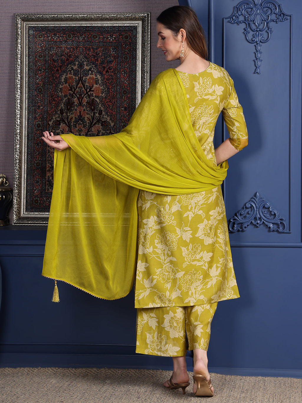 Embroidered & Printed Kurta With Palazzo & Dupatta, Green - Hiral Fashion - Distacart