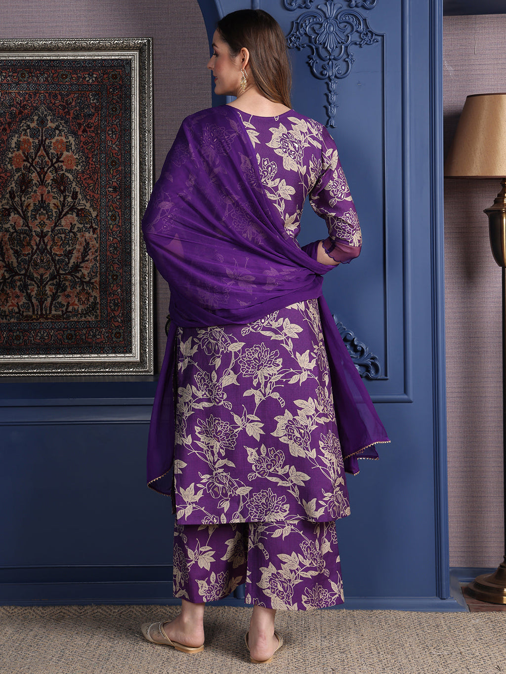 Embroidered & Printed Kurta With Palazzo & Dupatta, Purple - Hiral Fashion - Distacart