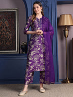 Embroidered & Printed Kurta With Palazzo & Dupatta, Purple - Hiral Fashion - Distacart