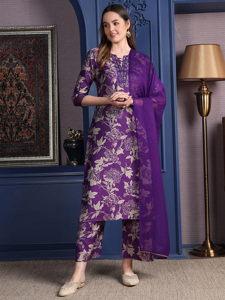 Embroidered & Printed Kurta With Palazzo & Dupatta, Purple - Hiral Fashion