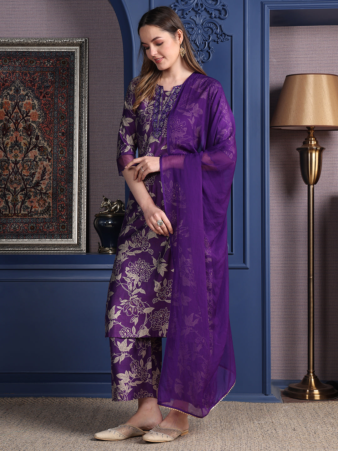 Embroidered & Printed Kurta With Palazzo & Dupatta, Purple - Hiral Fashion - Distacart