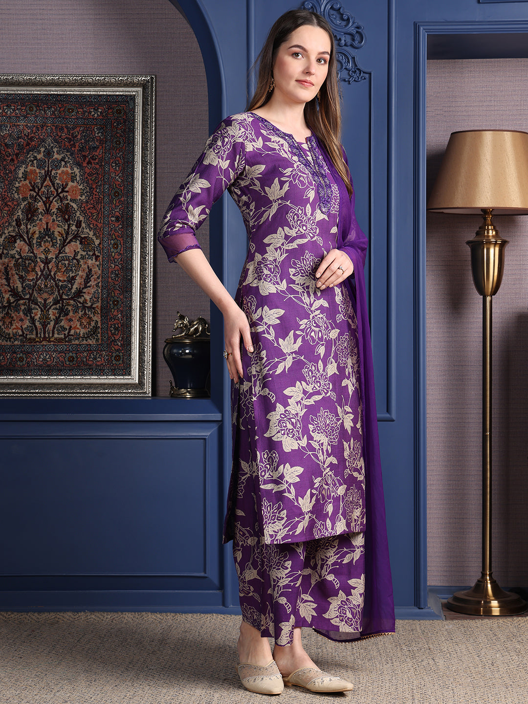 Embroidered & Printed Kurta With Palazzo & Dupatta, Purple - Hiral Fashion - Distacart