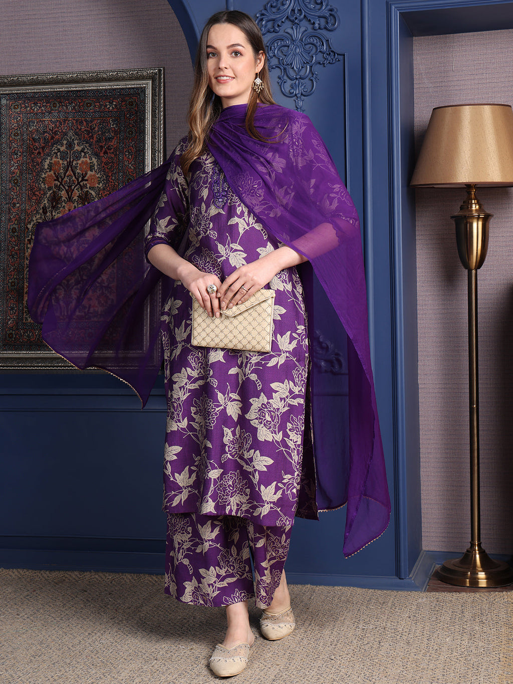 Embroidered & Printed Kurta With Palazzo & Dupatta, Purple - Hiral Fashion - Distacart
