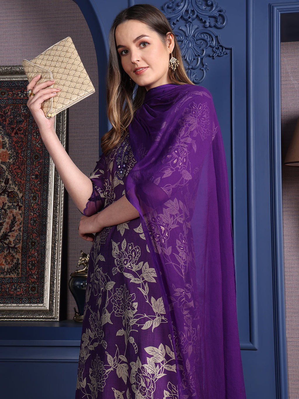 Embroidered & Printed Kurta With Palazzo & Dupatta, Purple - Hiral Fashion - Distacart