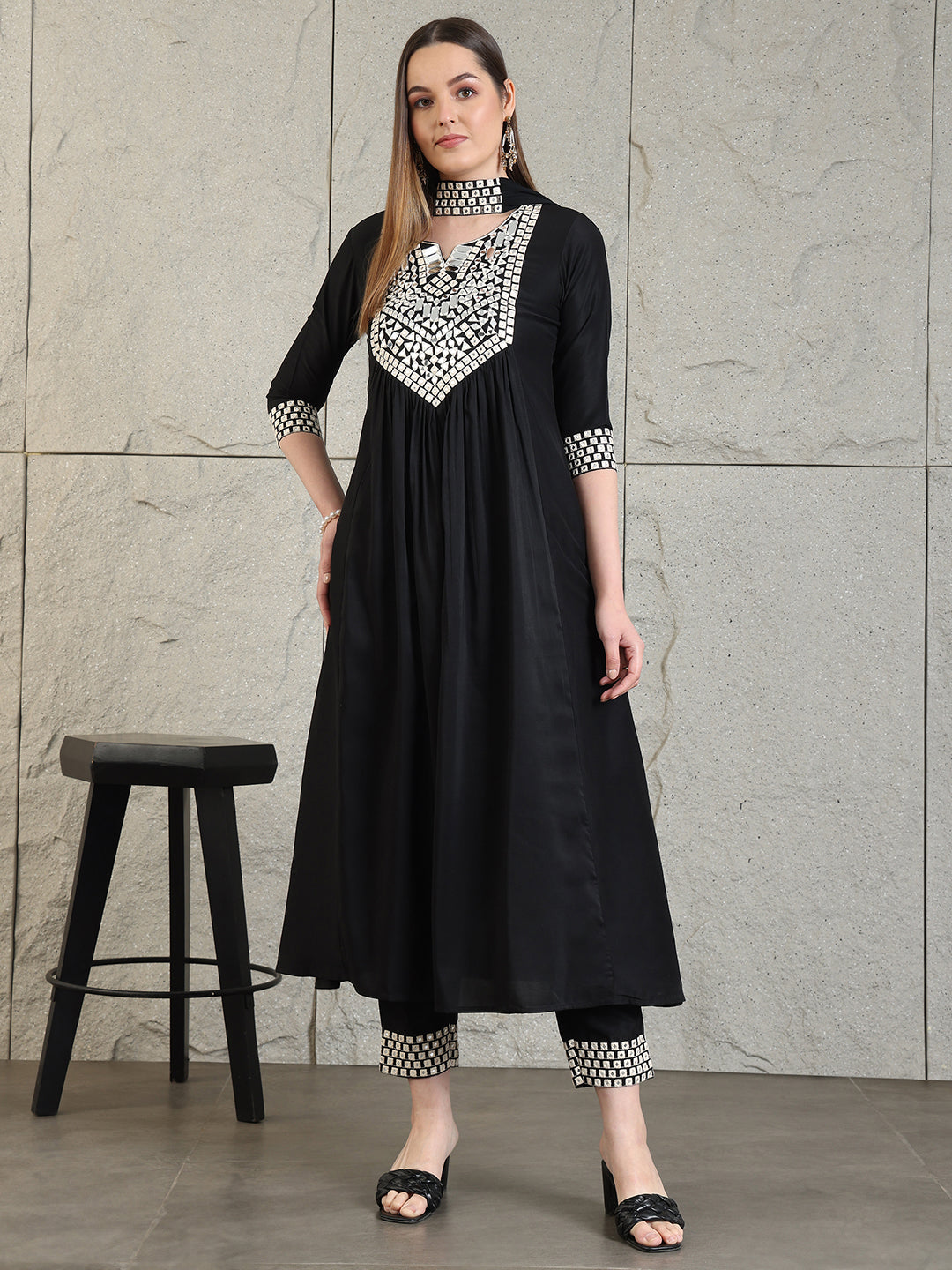 Mirror Embroidered Kurta With Pant & Necklace Dupatta, Black - Hiral Fashion - Distacart