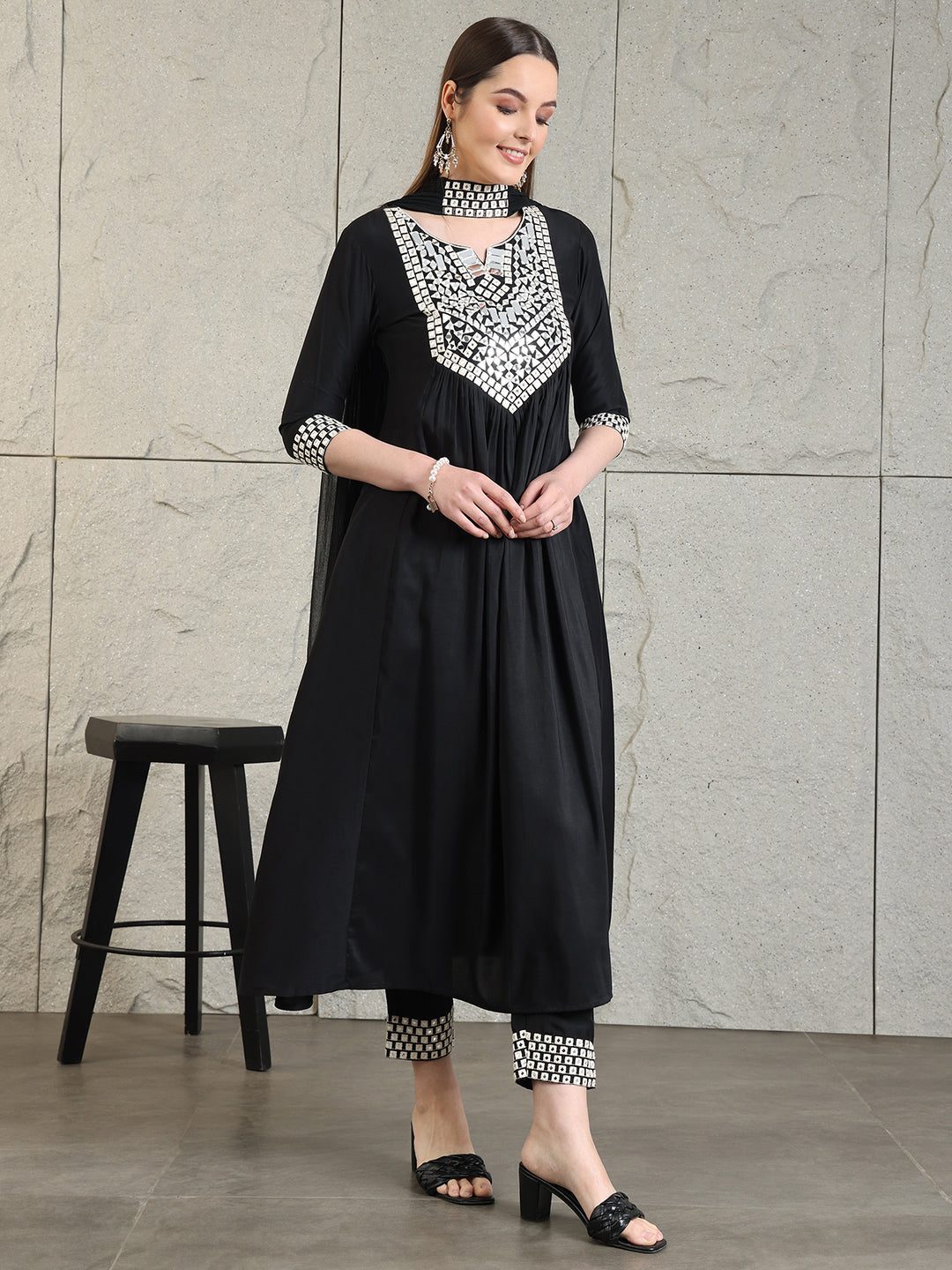 Mirror Embroidered Kurta With Pant & Necklace Dupatta, Black - Hiral Fashion - Distacart