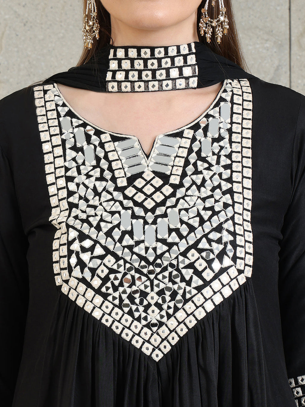 Mirror Embroidered Kurta With Pant & Necklace Dupatta, Black - Hiral Fashion - Distacart