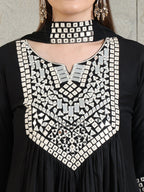 Mirror Embroidered Kurta With Pant & Necklace Dupatta, Black - Hiral Fashion - Distacart