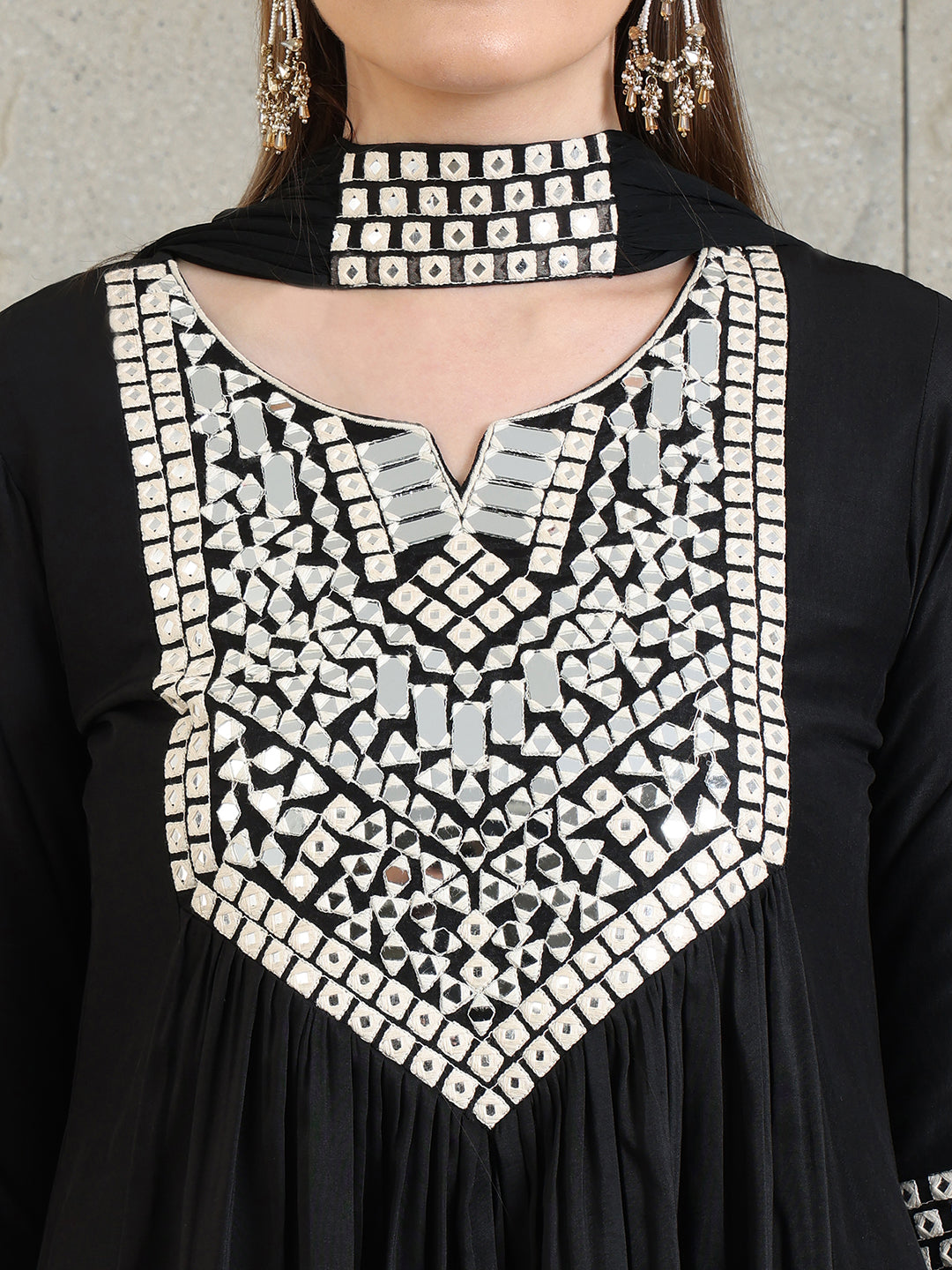 Mirror Embroidered Kurta With Pant & Necklace Dupatta, Black - Hiral Fashion - Distacart