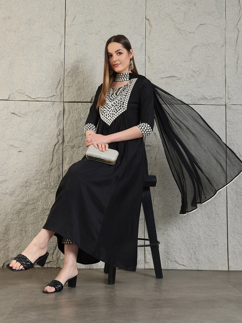 Mirror Embroidered Kurta With Pant & Necklace Dupatta, Black - Hiral Fashion - Distacart