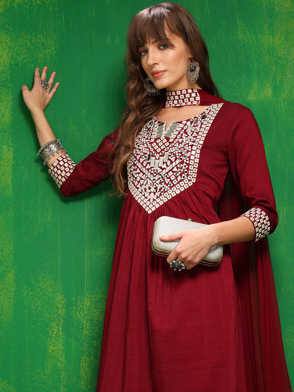 Mirror Embroidered Kurta With Pant & Necklace Dupatta, Maroon - Hiral Fashion - Distacart