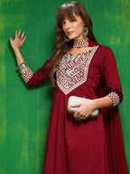 Mirror Embroidered Kurta With Pant & Necklace Dupatta, Maroon - Hiral Fashion - Distacart