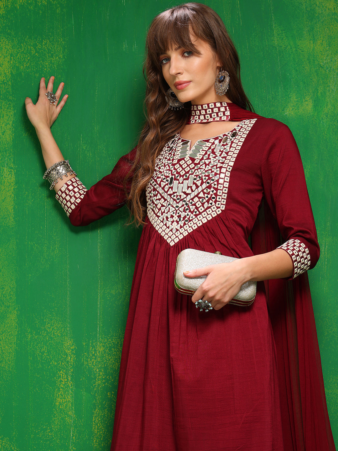 Mirror Embroidered Kurta With Pant & Necklace Dupatta, Maroon - Hiral Fashion - Distacart