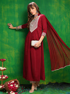 Mirror Embroidered Kurta With Pant & Necklace Dupatta, Maroon - Hiral Fashion - Distacart