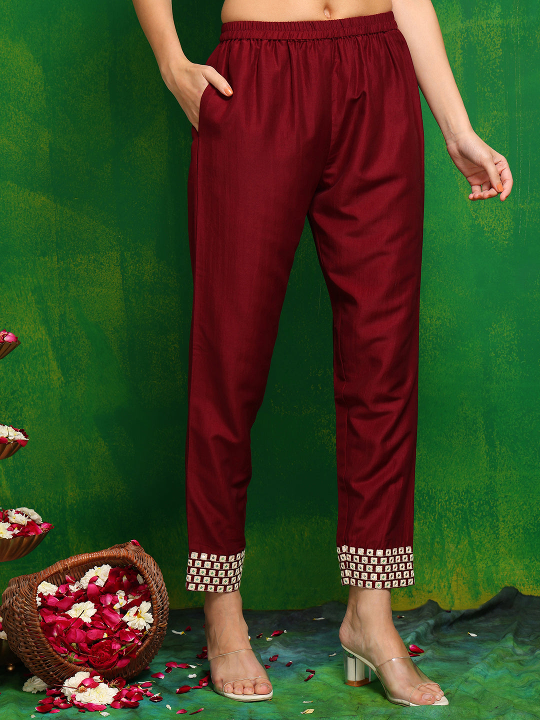 Mirror Embroidered Kurta With Pant & Necklace Dupatta, Maroon - Hiral Fashion - Distacart