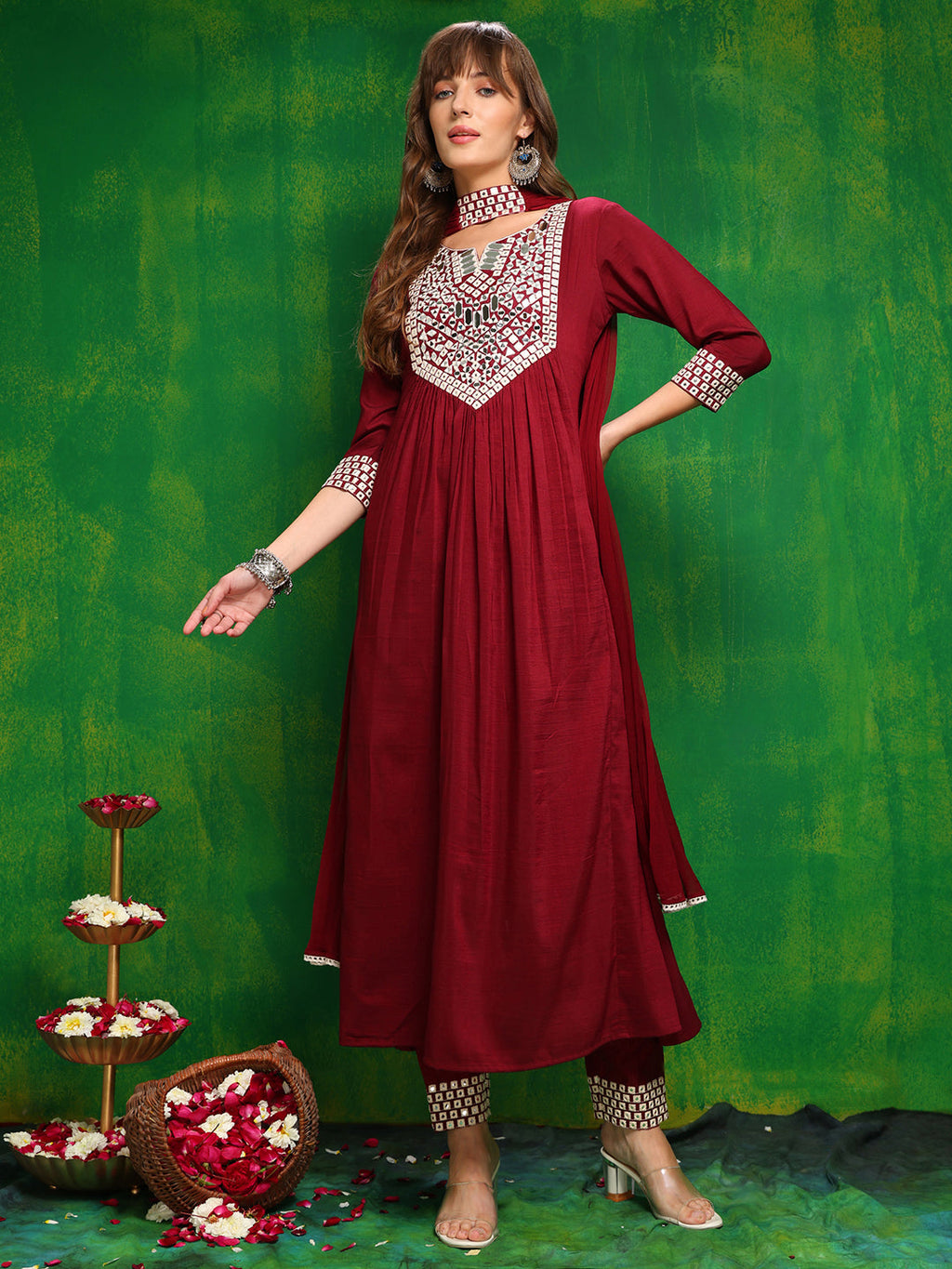 Mirror Embroidered Kurta With Pant & Necklace Dupatta, Maroon - Hiral Fashion - Distacart