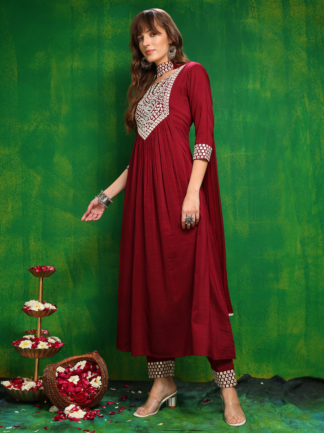 Mirror Embroidered Kurta With Pant & Necklace Dupatta, Maroon - Hiral Fashion - Distacart