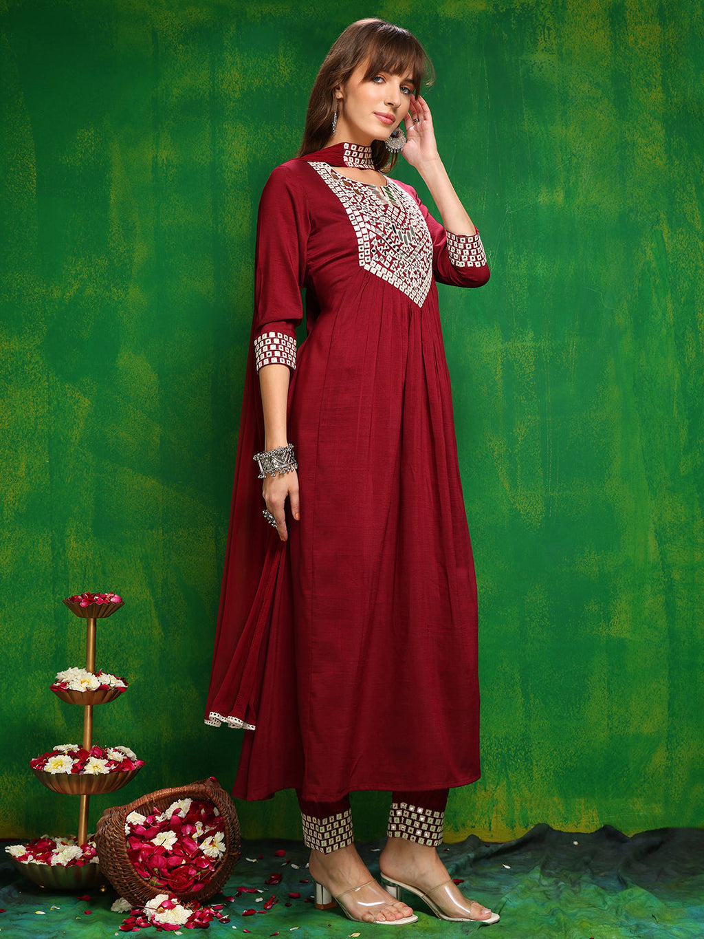 Mirror Embroidered Kurta With Pant & Necklace Dupatta, Maroon - Hiral Fashion - Distacart