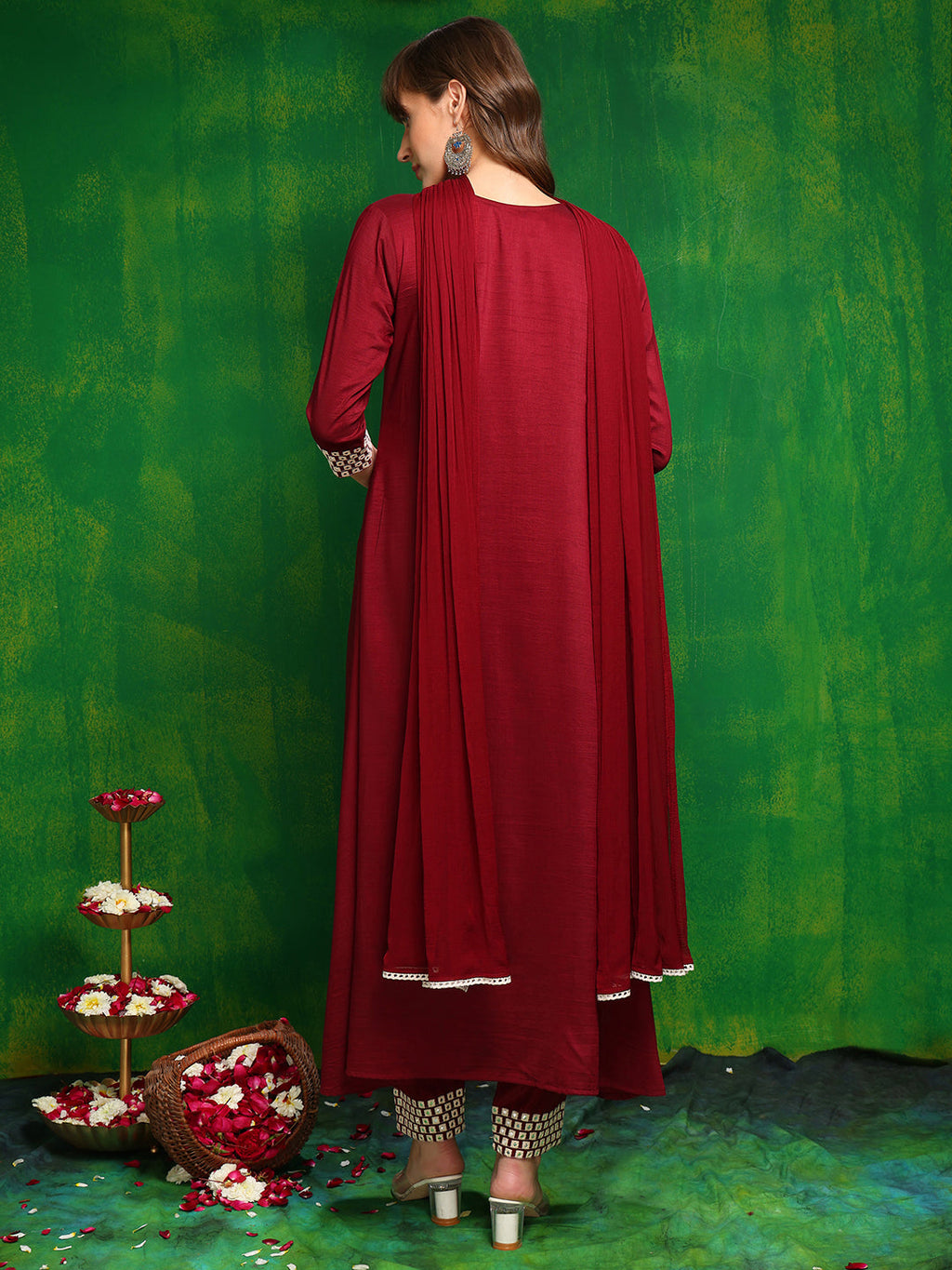 Mirror Embroidered Kurta With Pant & Necklace Dupatta, Maroon - Hiral Fashion - Distacart