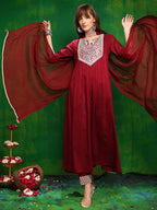 Mirror Embroidered Kurta With Pant & Necklace Dupatta, Maroon - Hiral Fashion - Distacart