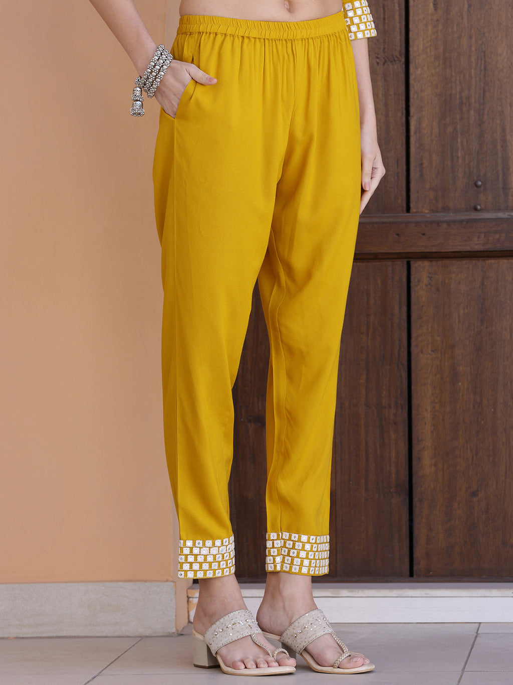 Mirror Embroidered Kurta With Pant & Necklace Dupatta, Mustard - Hiral Fashion - Distacart