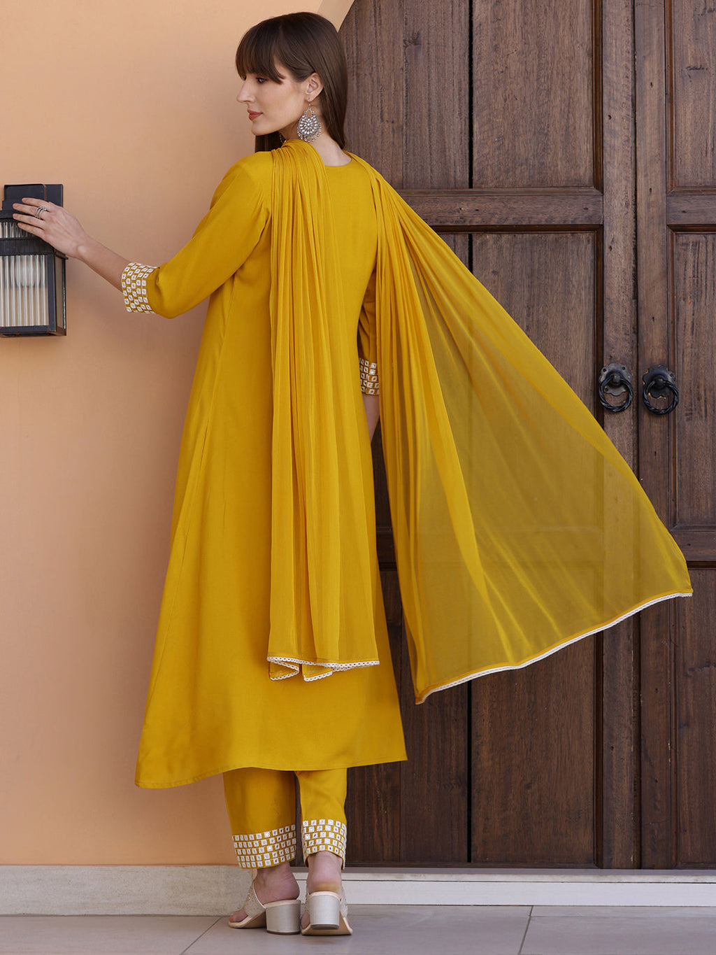 Mirror Embroidered Kurta With Pant & Necklace Dupatta, Mustard - Hiral Fashion - Distacart