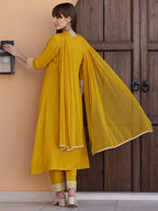 Mirror Embroidered Kurta With Pant & Necklace Dupatta, Mustard - Hiral Fashion - Distacart