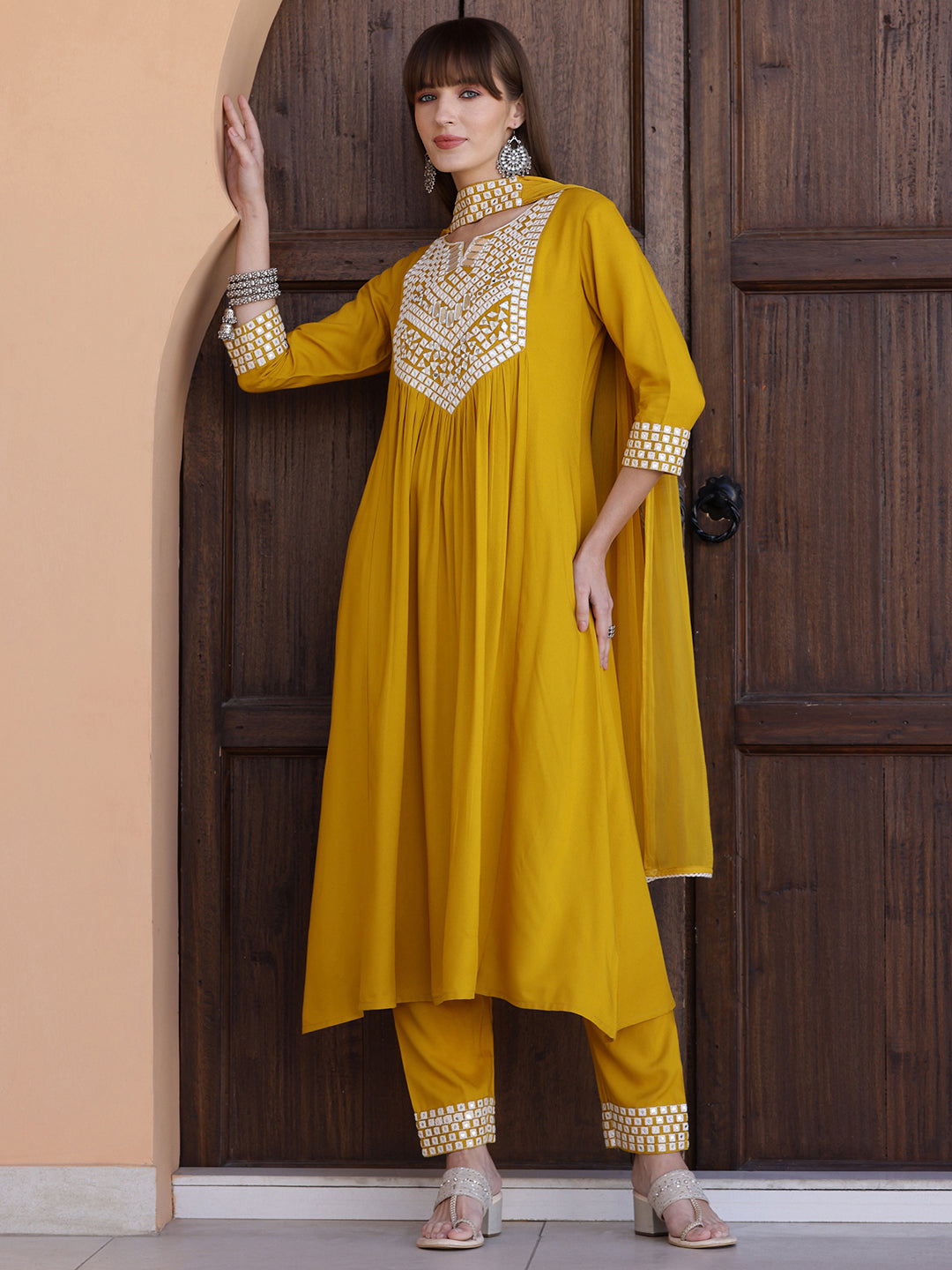 Mirror Embroidered Kurta With Pant & Necklace Dupatta, Mustard - Hiral Fashion - Distacart