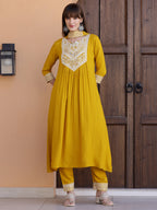Mirror Embroidered Kurta With Pant & Necklace Dupatta, Mustard - Hiral Fashion - Distacart