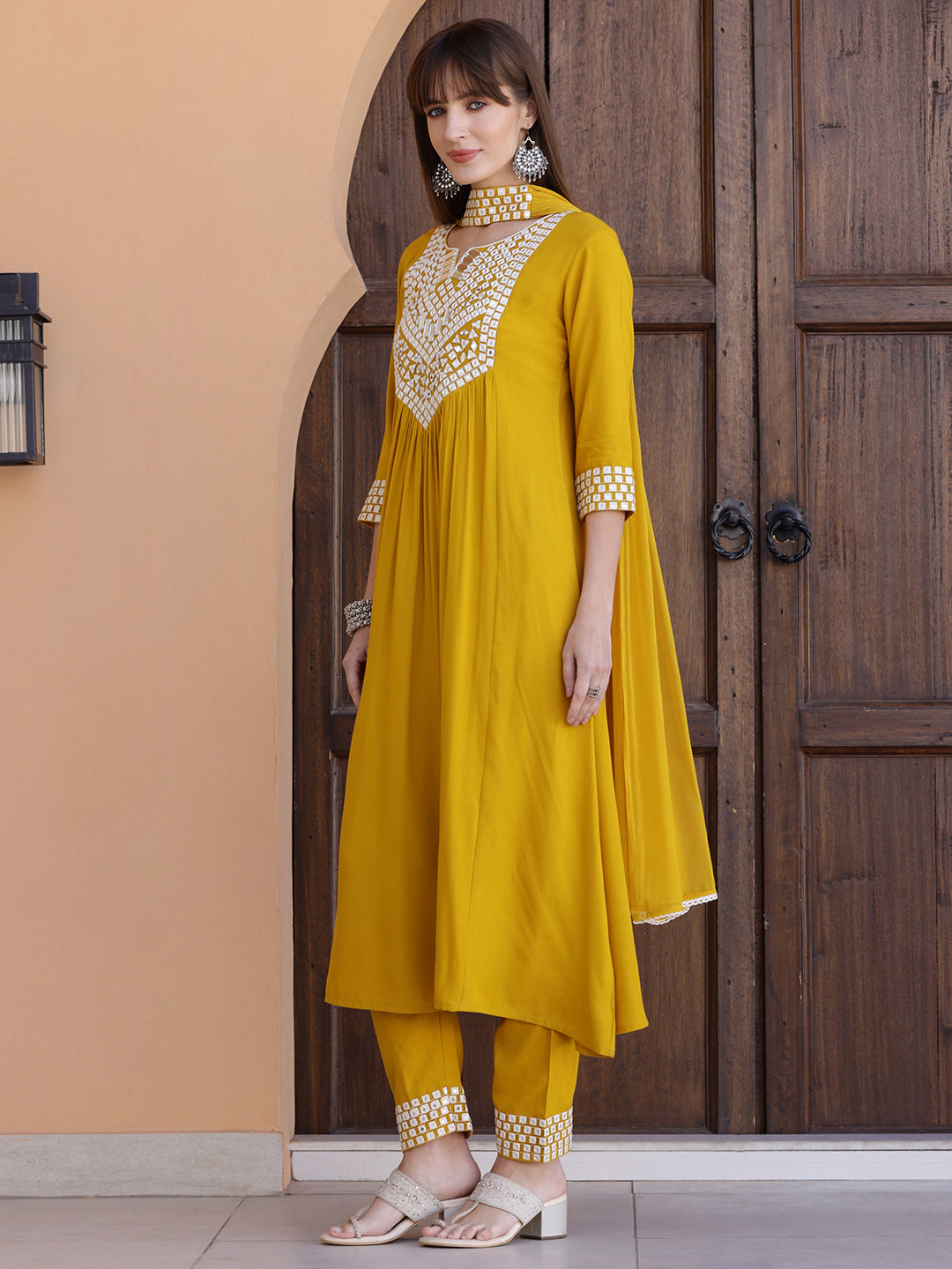 Mirror Embroidered Kurta With Pant & Necklace Dupatta, Mustard - Hiral Fashion - Distacart