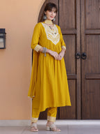 Mirror Embroidered Kurta With Pant & Necklace Dupatta, Mustard - Hiral Fashion - Distacart