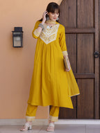 Mirror Embroidered Kurta With Pant & Necklace Dupatta, Mustard - Hiral Fashion - Distacart