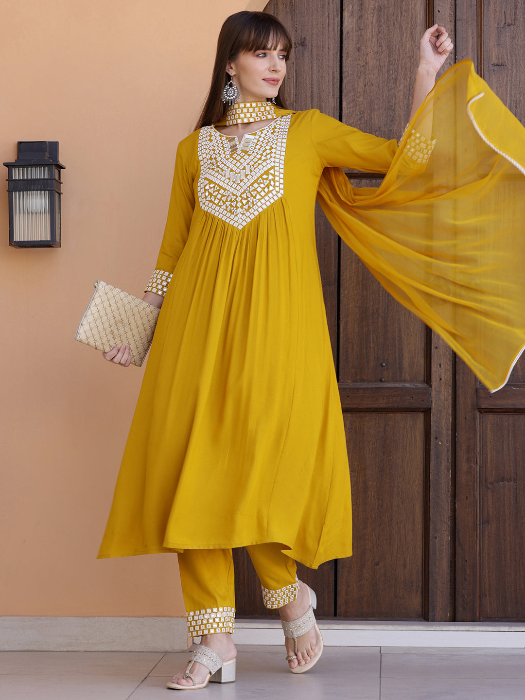 Mirror Embroidered Kurta With Pant & Necklace Dupatta, Mustard - Hiral Fashion - Distacart