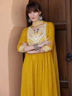 Mirror Embroidered Kurta With Pant & Necklace Dupatta, Mustard - Hiral Fashion - Distacart