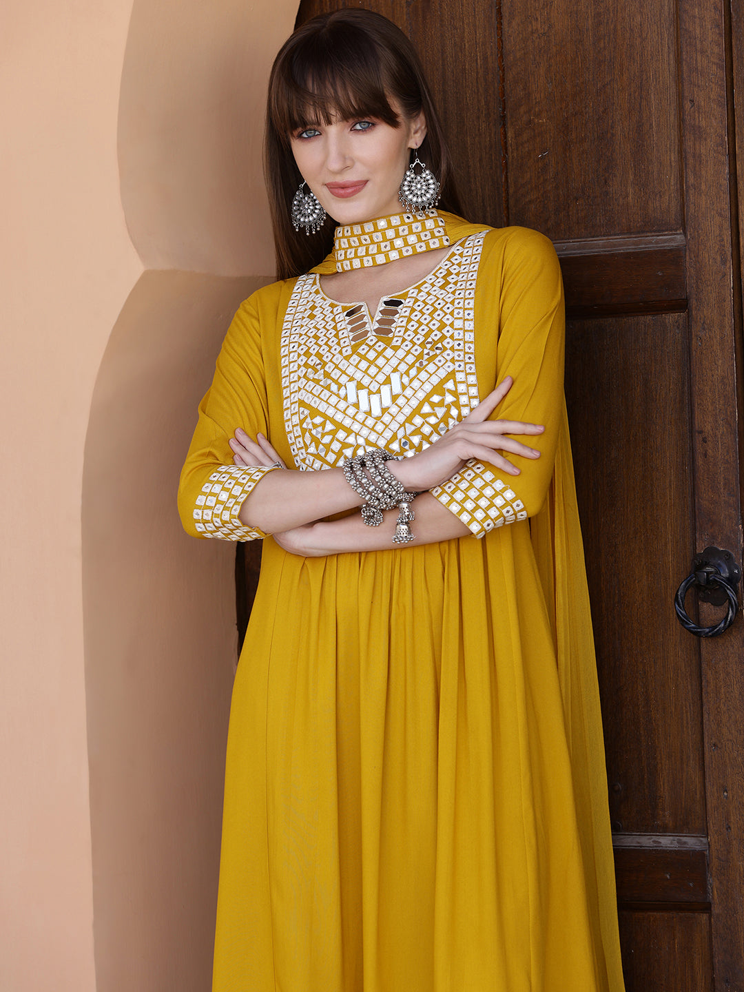 Mirror Embroidered Kurta With Pant & Necklace Dupatta, Mustard - Hiral Fashion - Distacart