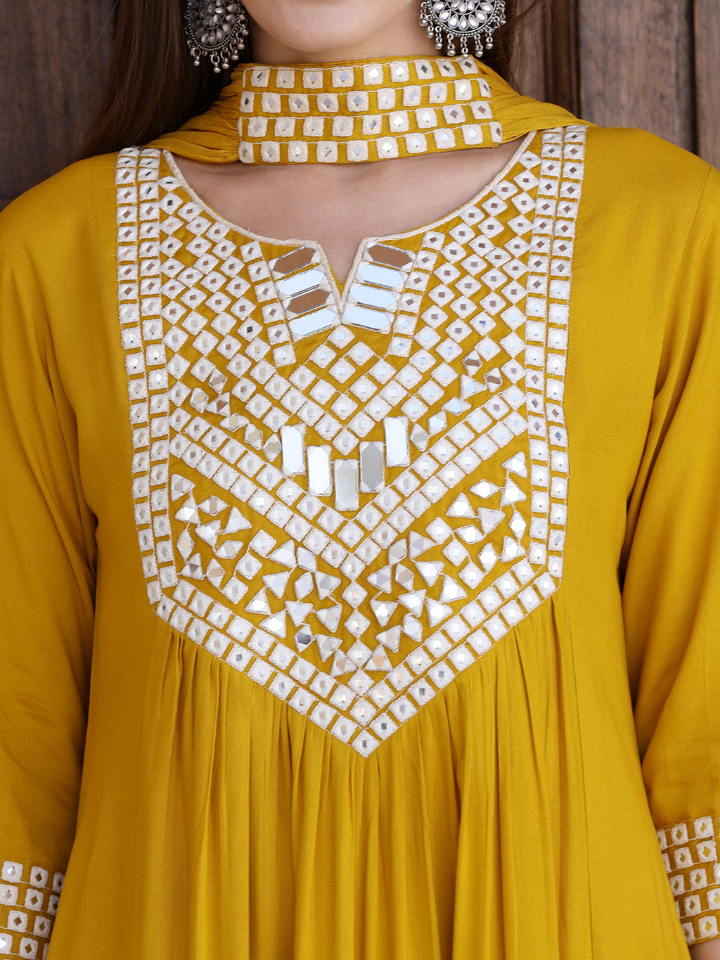 Mirror Embroidered Kurta With Pant & Necklace Dupatta, Mustard - Hiral Fashion - Distacart