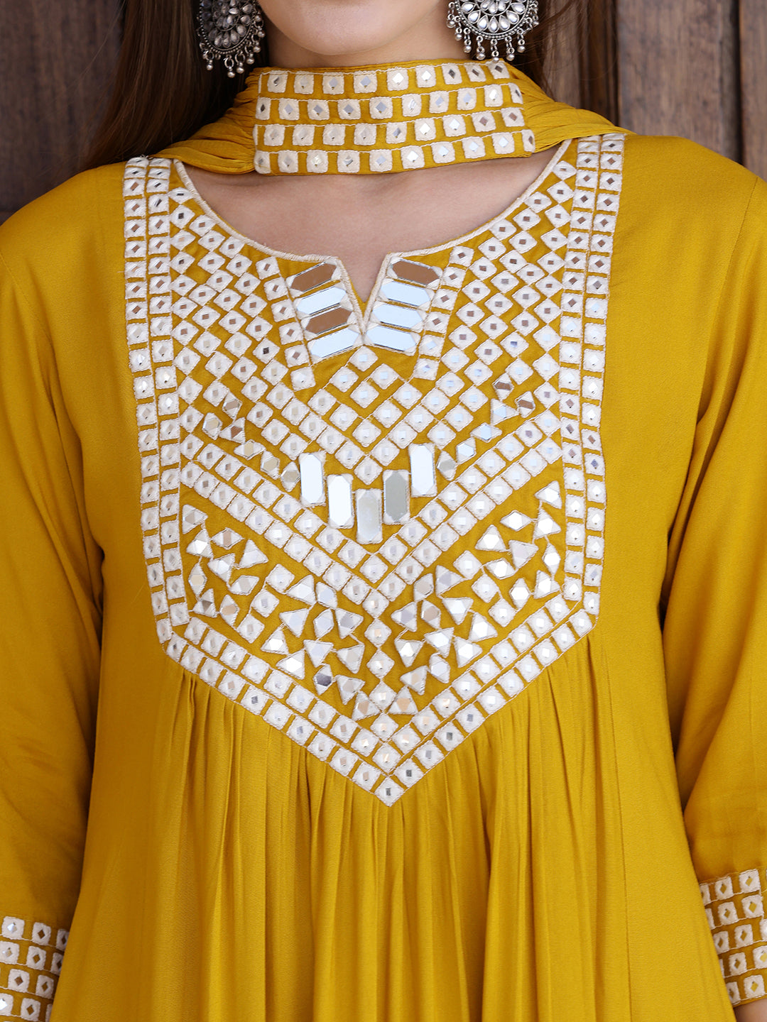 Mirror Embroidered Kurta With Pant & Necklace Dupatta, Mustard - Hiral Fashion - Distacart