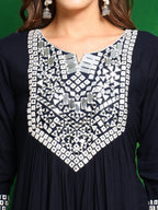 Mirror Embroidered Kurta With Pant & Necklace Dupatta, Navy Blue - Hiral Fashion - Distacart