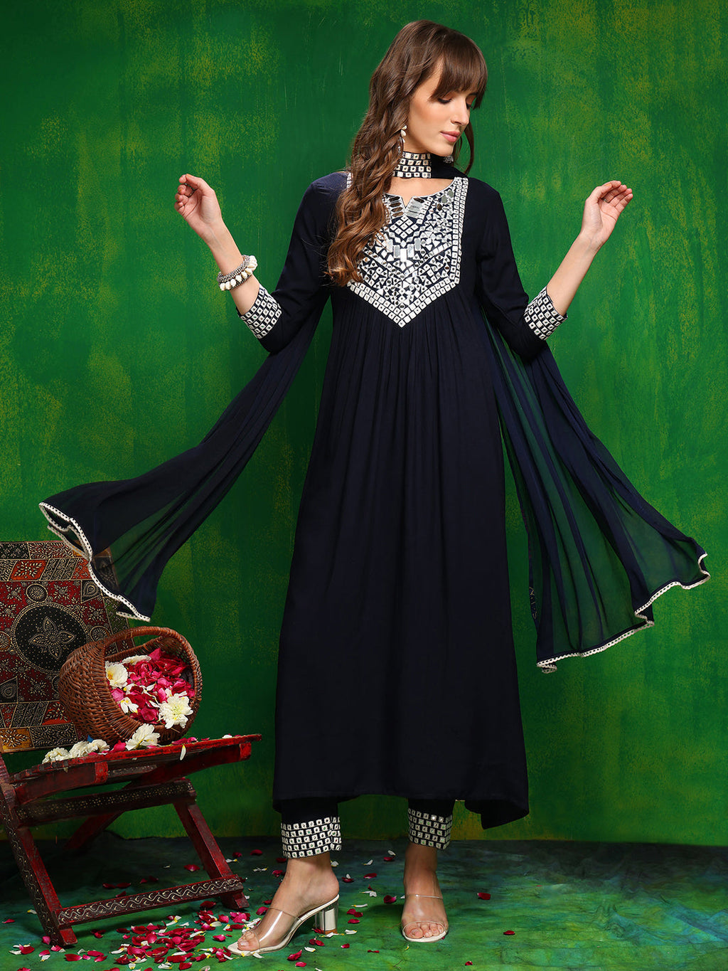 Mirror Embroidered Kurta With Pant & Necklace Dupatta, Navy Blue - Hiral Fashion - Distacart