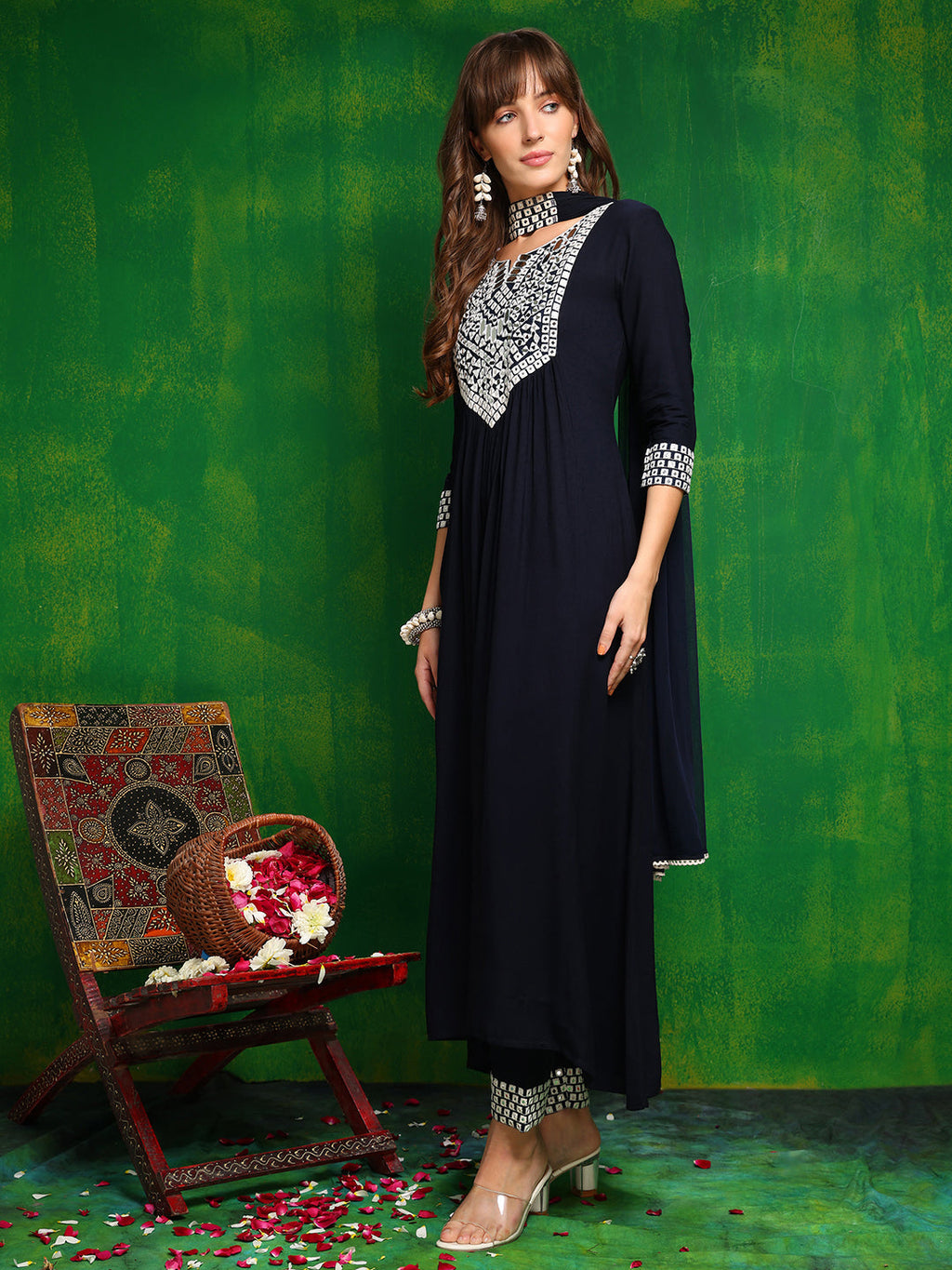Mirror Embroidered Kurta With Pant & Necklace Dupatta, Navy Blue - Hiral Fashion - Distacart