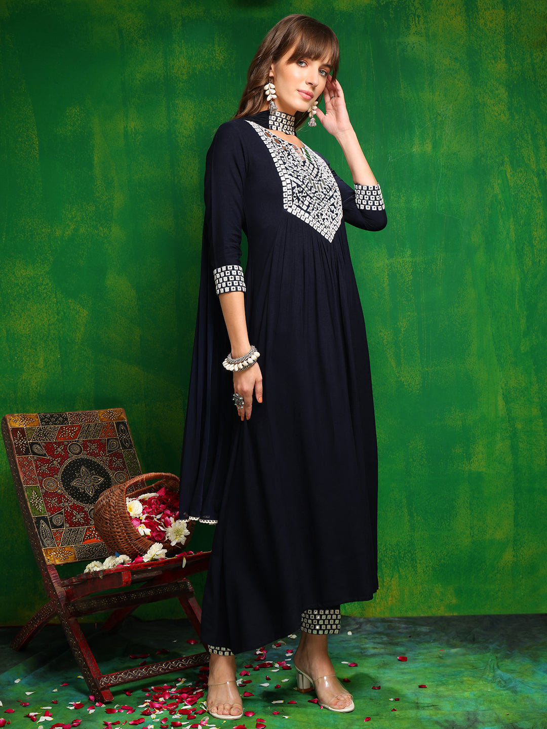 Mirror Embroidered Kurta With Pant & Necklace Dupatta, Navy Blue - Hiral Fashion - Distacart